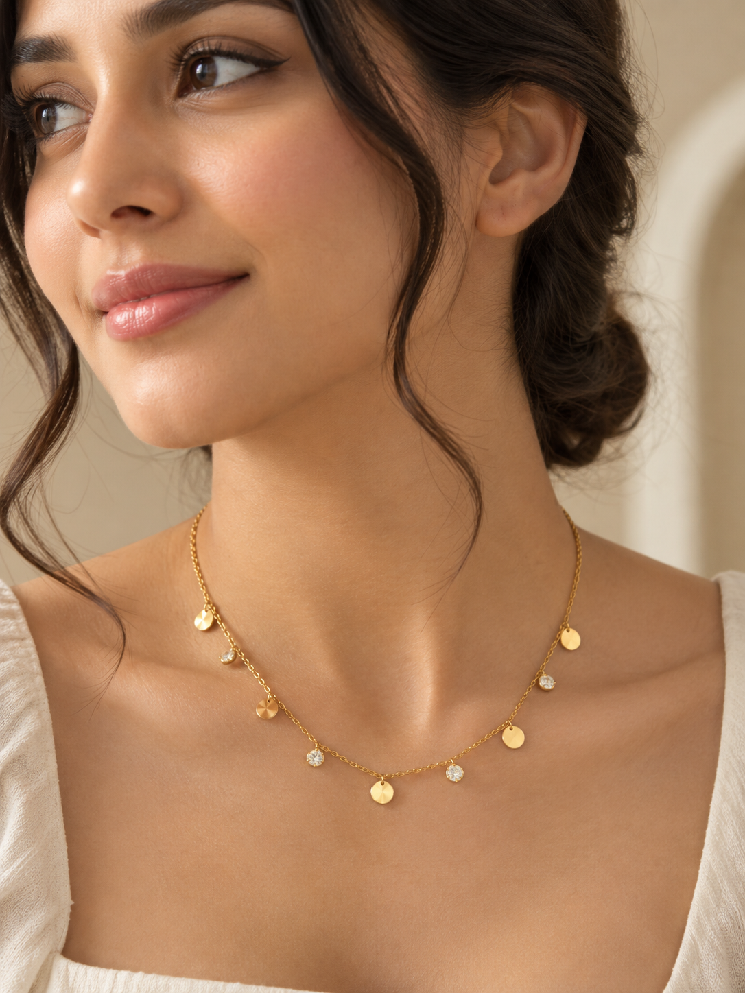 Dainty Gold Charm Necklace | Disc & Crystal Details