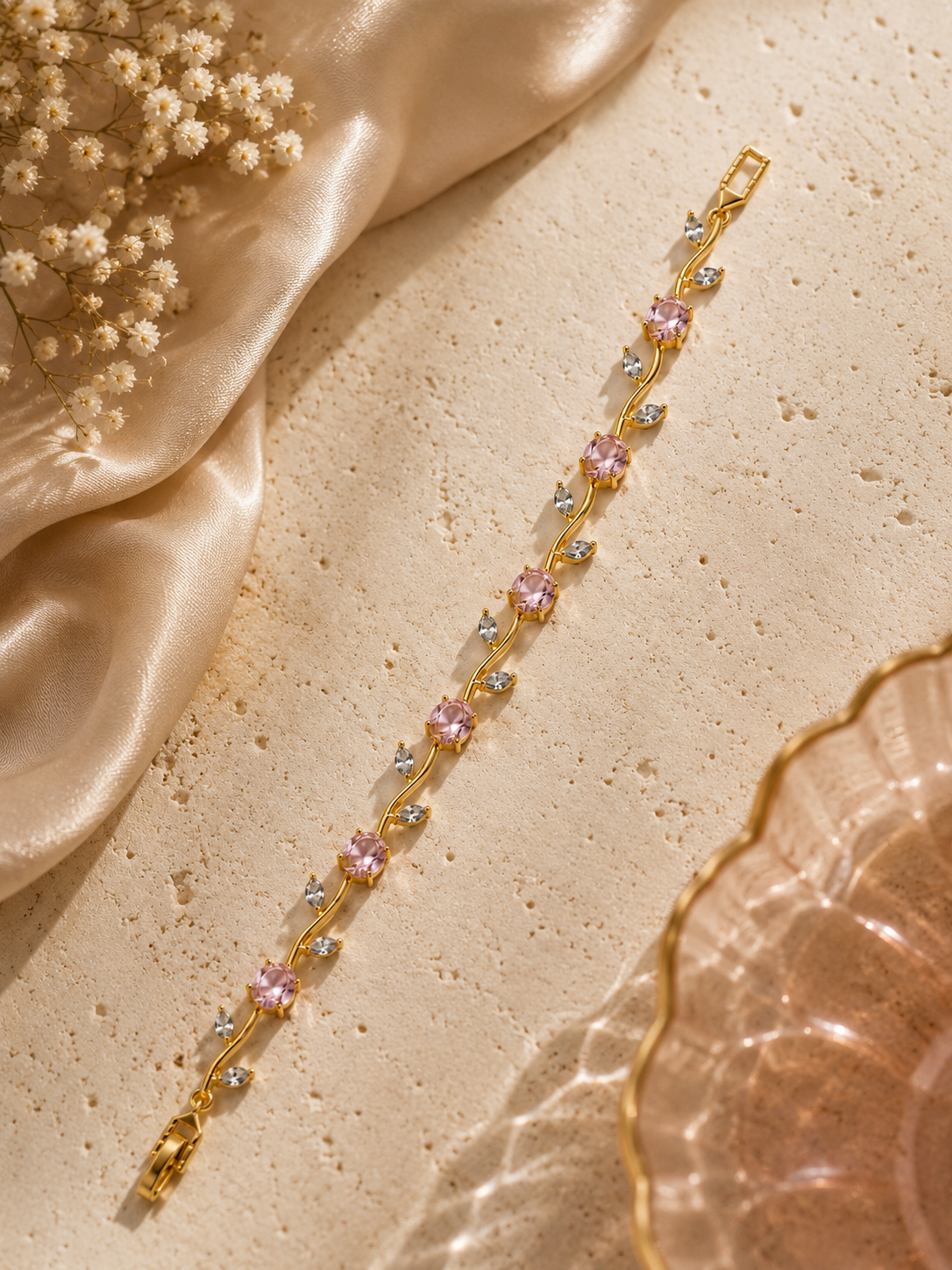 Tulip Bracelet | Gold Floral Bracelet with Pink Stones