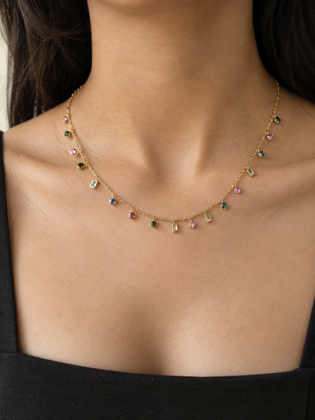 Multicolor Stone Charm Necklace for Women – Gold Plated Stainless Steel