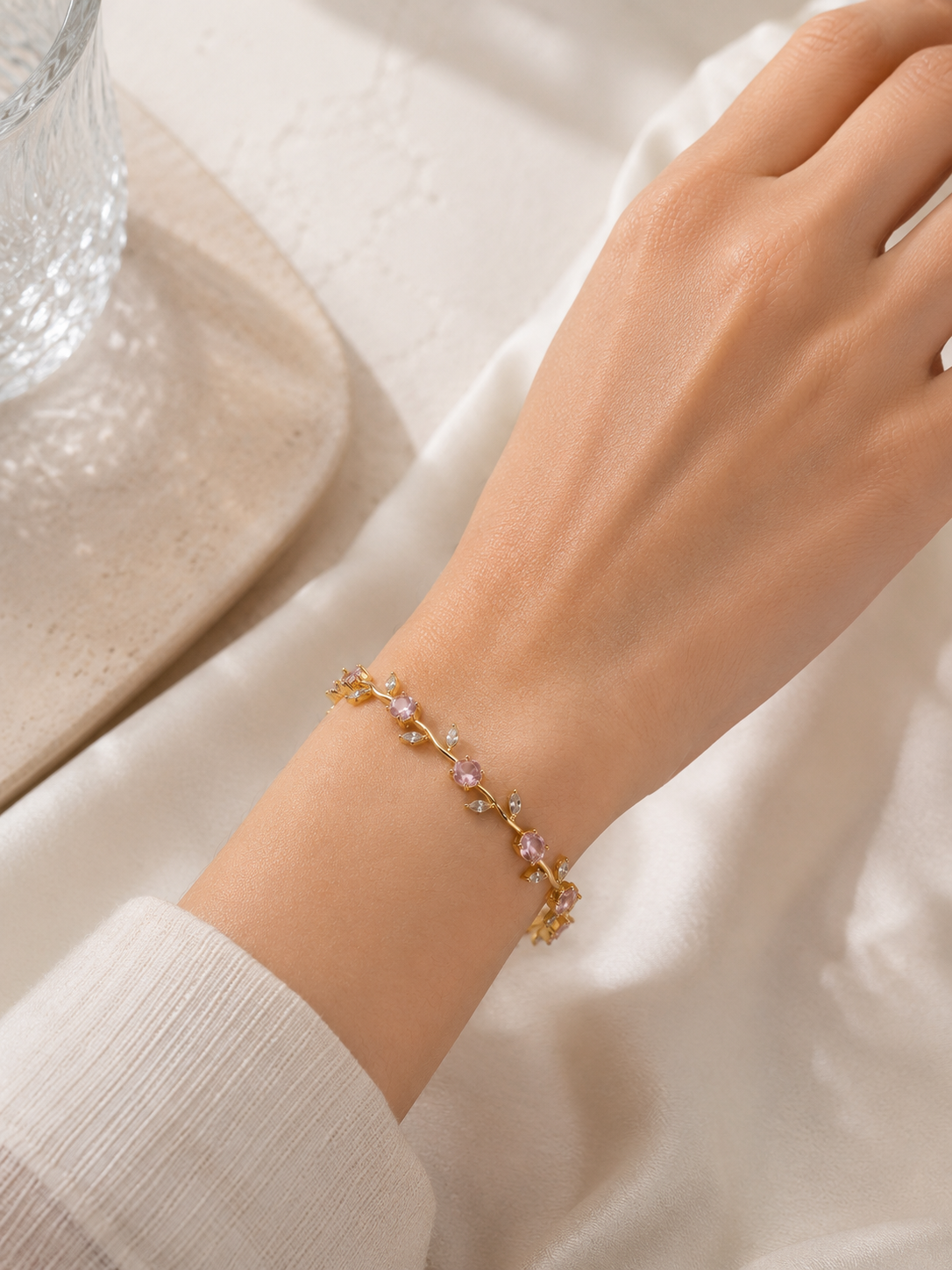 Tulip Bracelet | Gold Floral Bracelet with Pink Stones