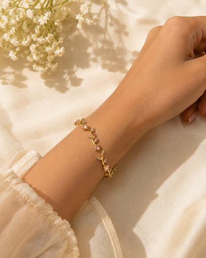 Tulip Bracelet | Gold Floral Bracelet with Pink Stones
