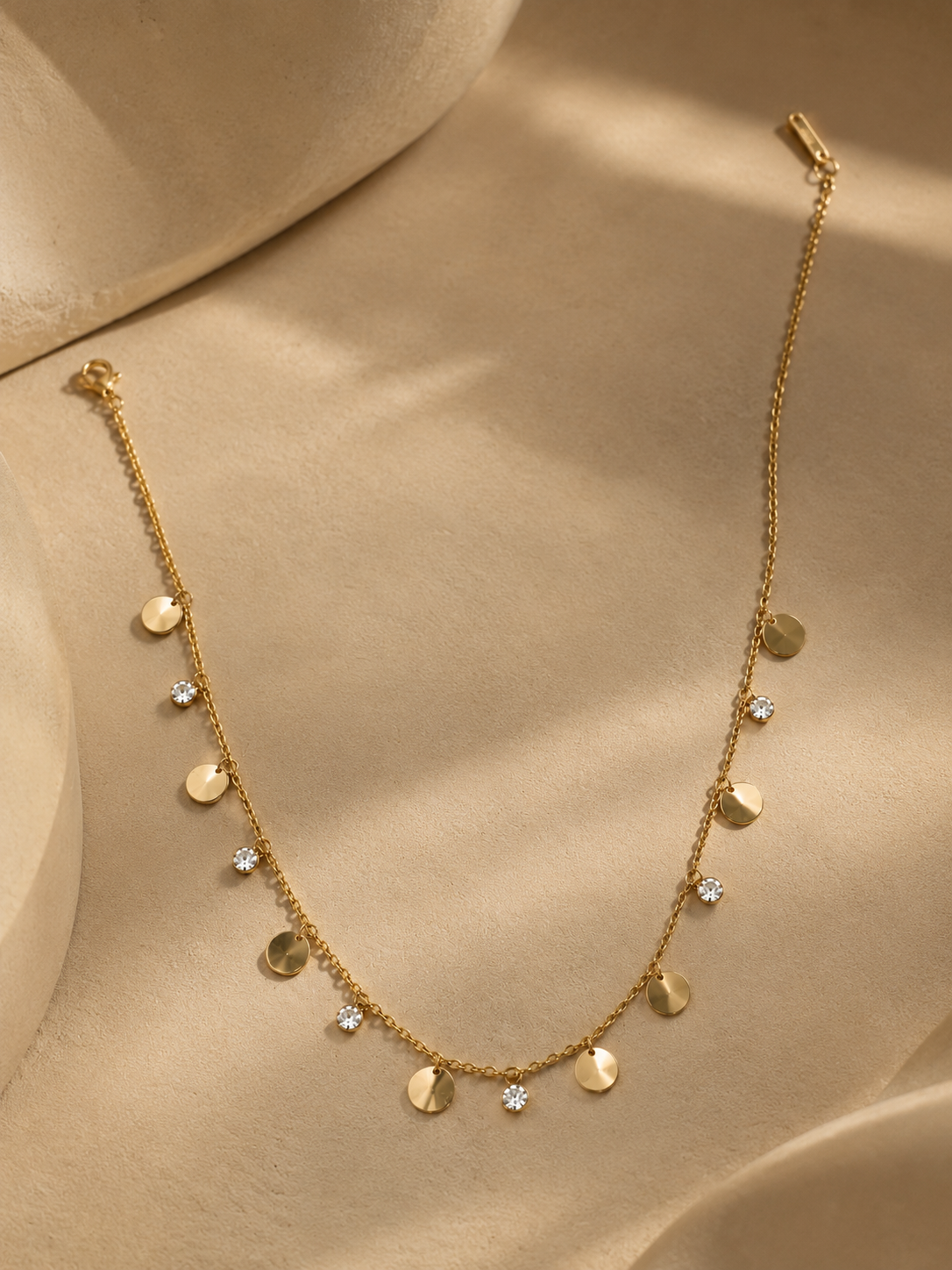 Dainty Gold Charm Necklace | Disc & Crystal Details