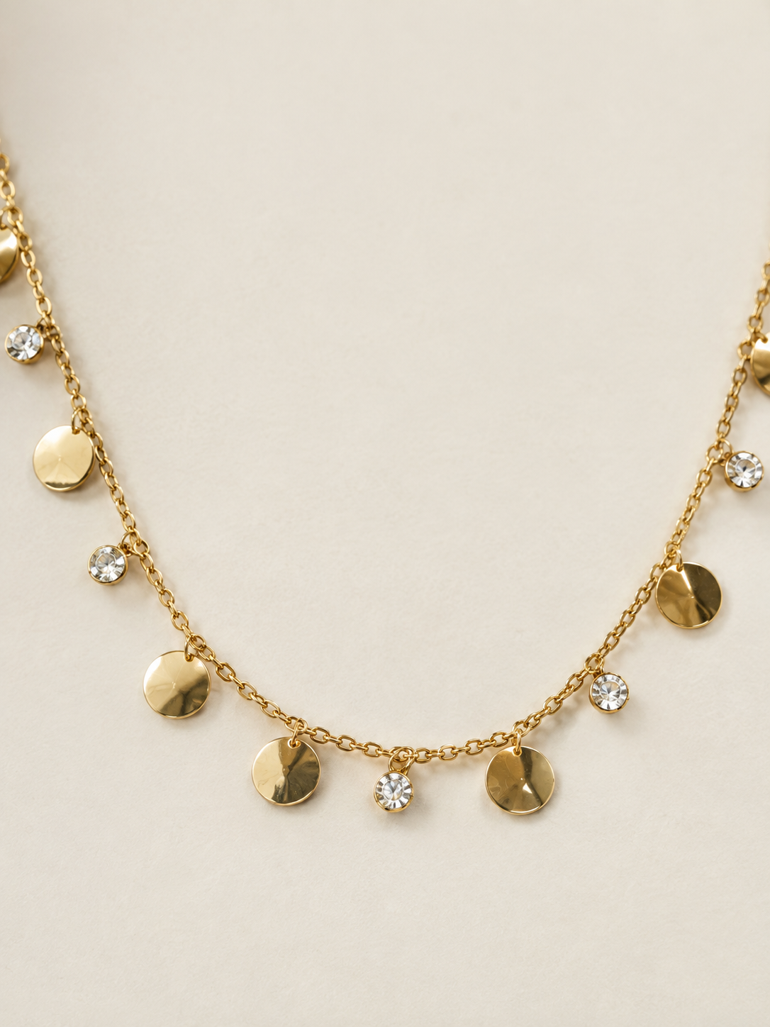 Dainty Gold Charm Necklace | Disc & Crystal Details