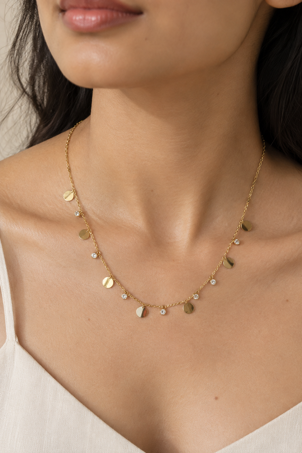 Dainty Gold Charm Necklace | Disc & Crystal Details