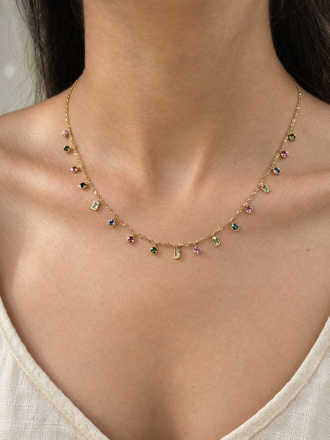 Multicolor Stone Charm Necklace for Women – Gold Plated Stainless Steel